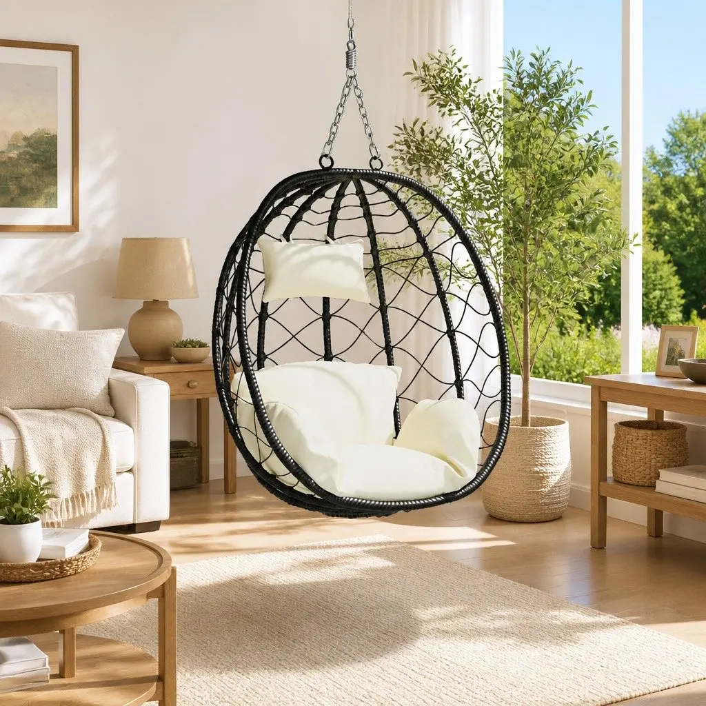 Hanging Egg Chair Steel Cream Ergonomic Indoor Outdoor Patio Garden Swing