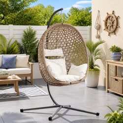 Cream Poly Rattan Hanging Egg Chair with Stand