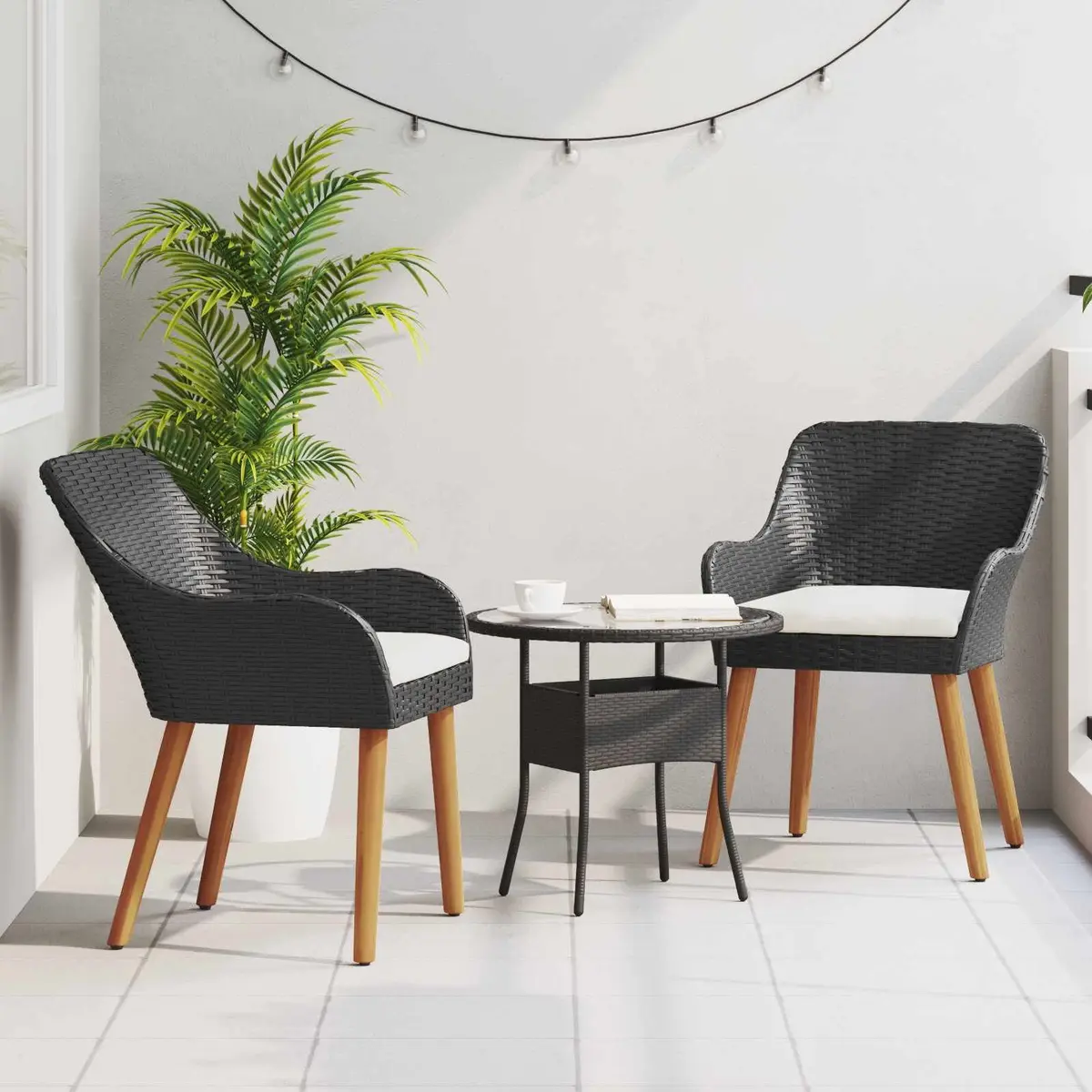 Outdoor Garden Chair Set Poly Rattan Acacia Wood Legs Black 2 Piece