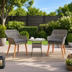 Grey Poly Rattan Outdoor Chair Set with Acacia Wood Legs