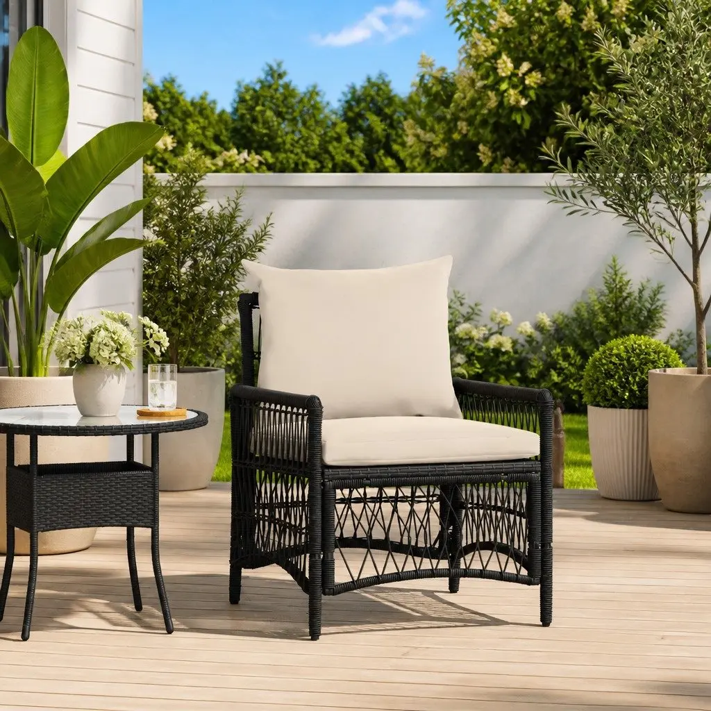 Garden Chair Poly Rattan Steel Frame Black with Cushion Weather Resistant