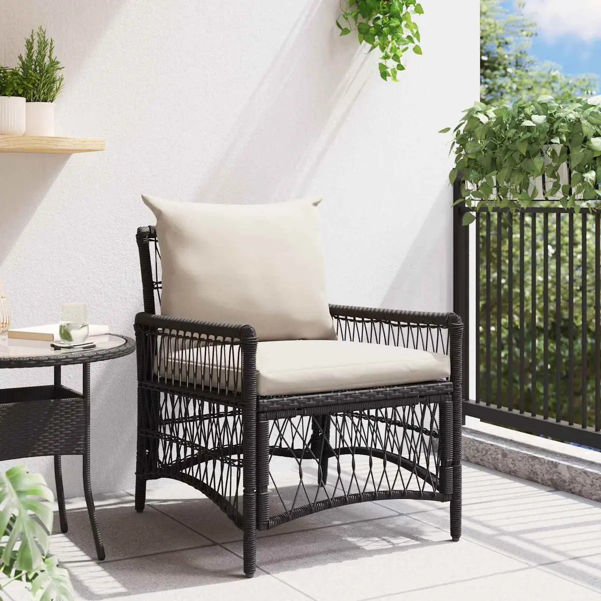 Garden Chair Poly Rattan Steel Frame Black with Cushion Weather Resistant