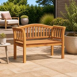 Sturdy Teak Wood Outdoor Bench with Carved Armrests