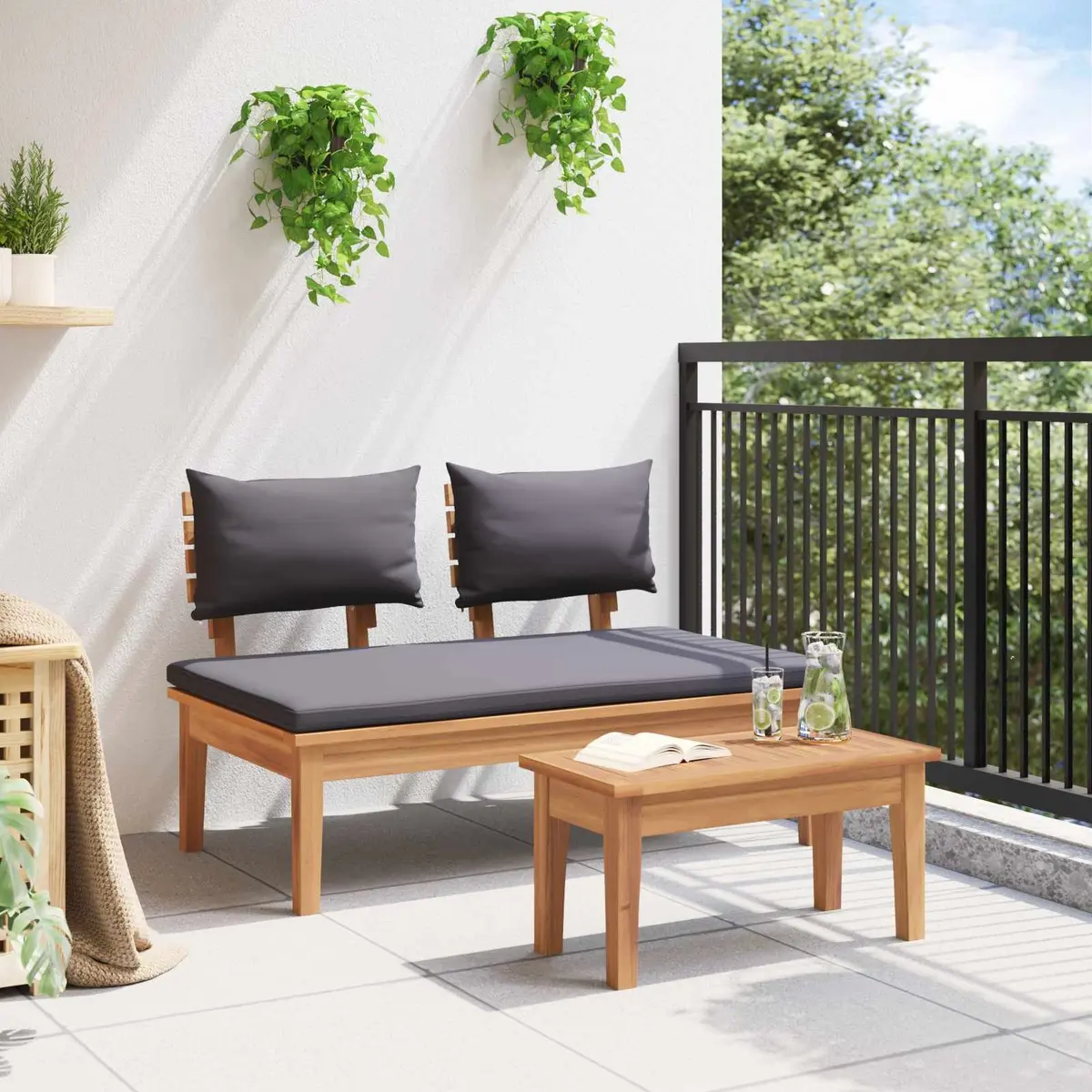Grey Teak Wood Outdoor Bench and Table Set