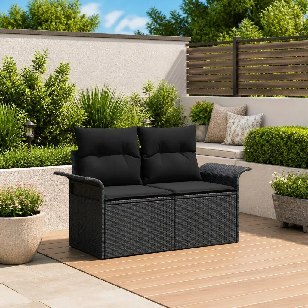 Black Poly Rattan Outdoor Sofa with Cushion