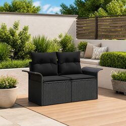 Black Poly Rattan Outdoor Sofa with Cushion