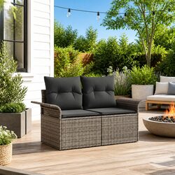 Durable Grey Poly Rattan Garden Sofa with Cushion