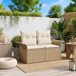 Beige Poly Rattan Outdoor Sofa with Cushion 141x62x69cm