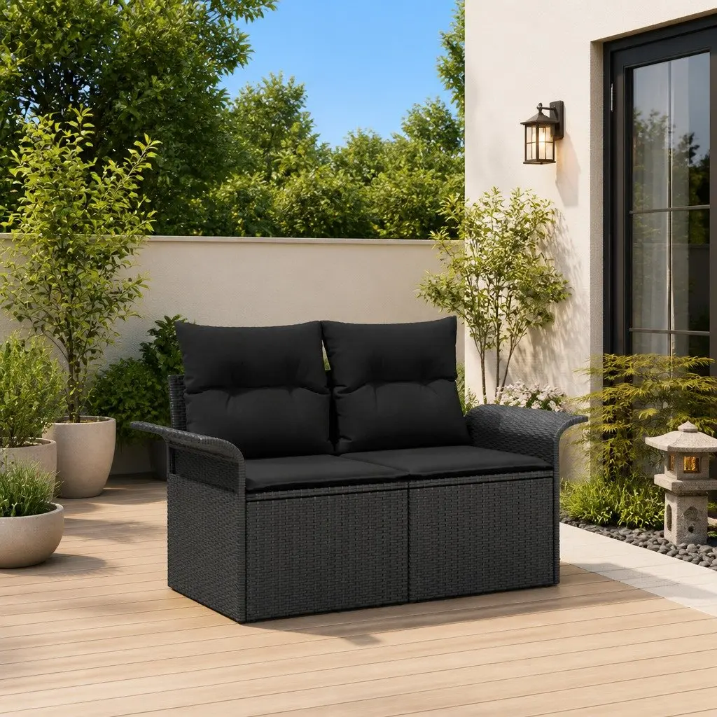 Black Poly Rattan Garden Sofa with Cushion