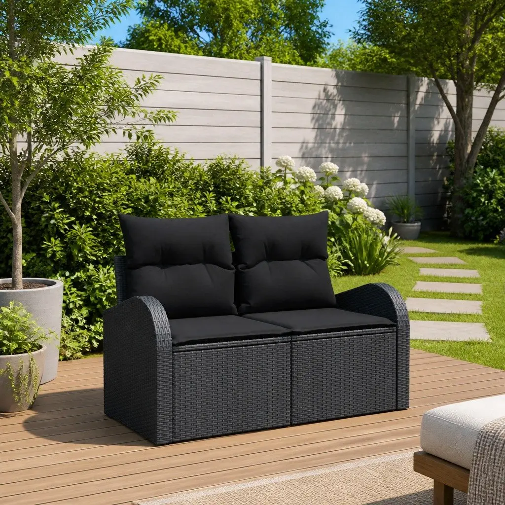 Black Rattan Outdoor Sofa with Cushions