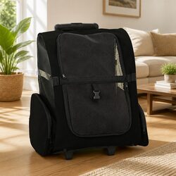 Pet Trolley 3-in-1 Convertible Rolling Carrier Backpack Hand Bag Black 48x32cm
