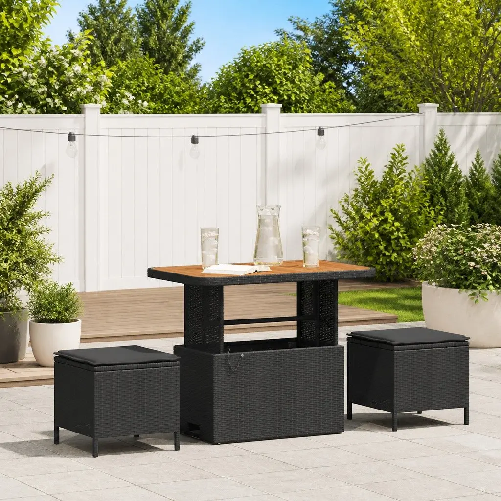 Outdoor Dining Set in Black Poly Rattan and Acacia