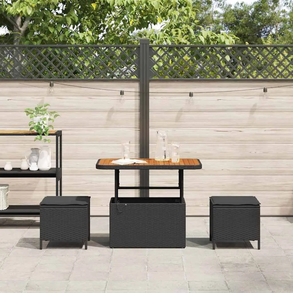 Garden Dining Set Poly Rattan Acacia Wood Black Patio Furniture