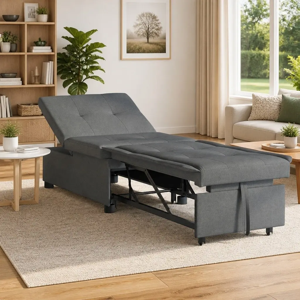 Grey Pull-Out Sofa Bed with Durable Frame