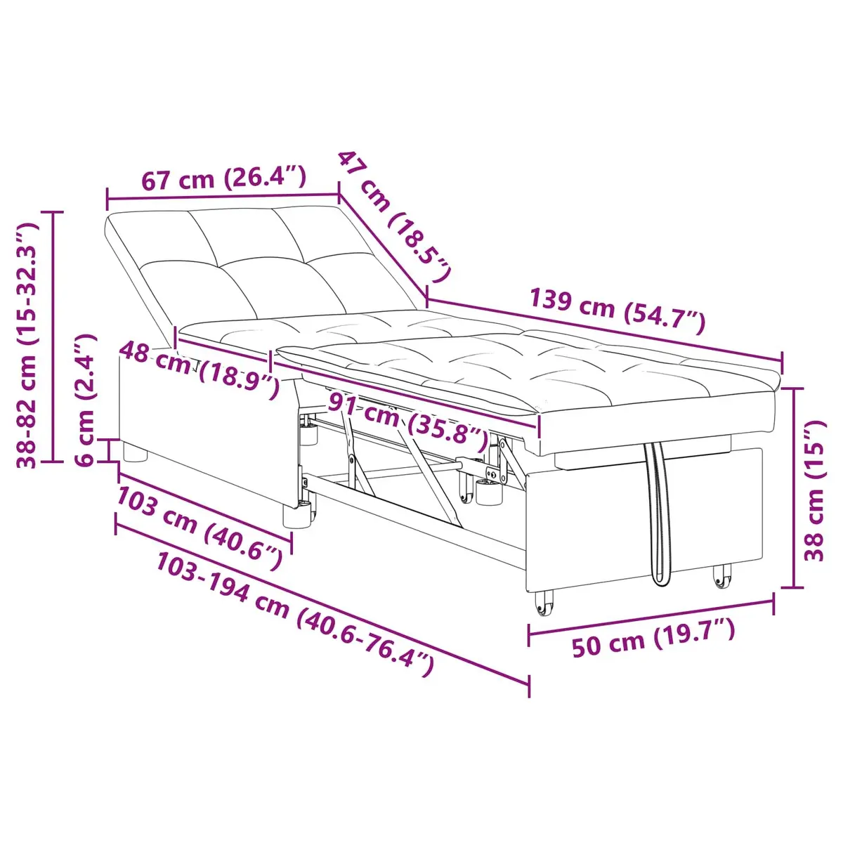 Convertible Black Sofa Bed with Sturdy Plywood Frame