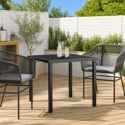 Garden Table Outdoor Patio Dining Metal Frame Tempered Glass Top Black