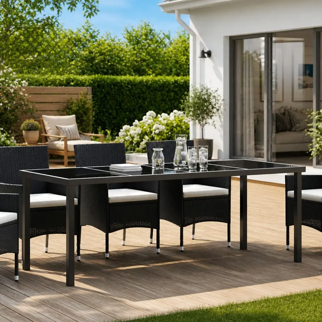 Black Outdoor Garden Table with Tempered Glass
