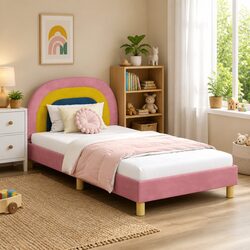 Sturdy Pink Kids Bed Frame with Headboard 90 x 190 cm