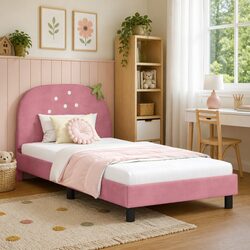Stylish Pink Velvet Kids Bed Frame with Headboard