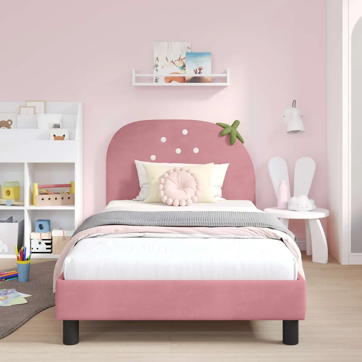 Pink Velvet Kids Bed Frame with Headboard