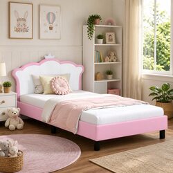 Durable Kids Bed Frame with Pink Headboard 90 x 190 cm