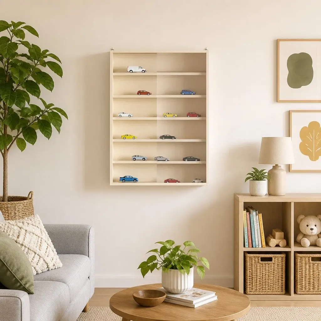 Beige Wall Display Case with Sliding Doors for Collectibles