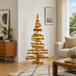 Wooden Christmas Tree 150cm Brown Solid Pine Stand Indoor Outdoor Holiday