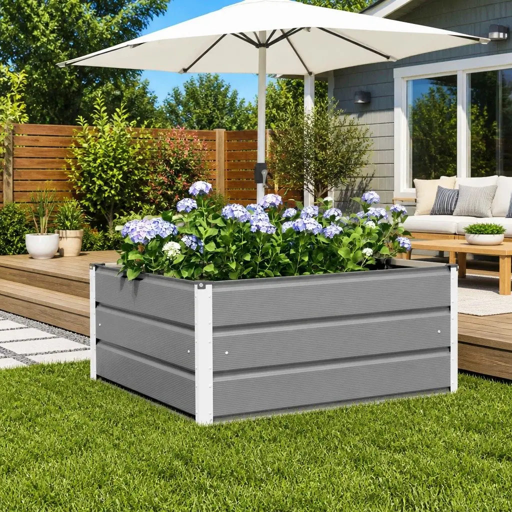 Steel Planter Light Grey 100 x 100 x 45 cm Modern Outdoor Decorative Plant Pot Minimalist