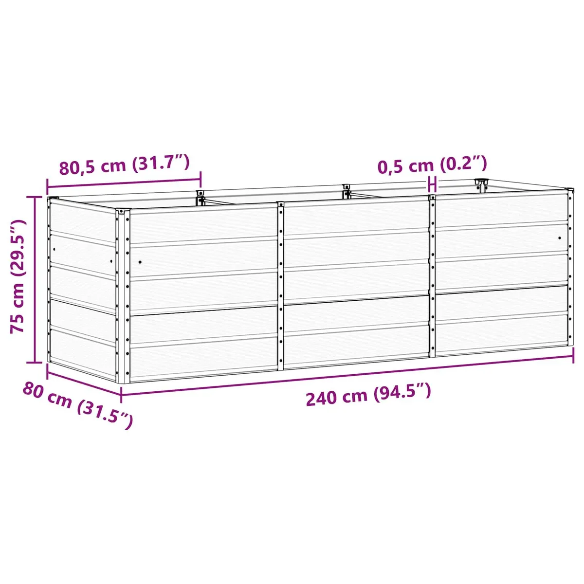 Steel Planter 240x80x75cm Light Grey Garden Outdoor Indoor Pot Container