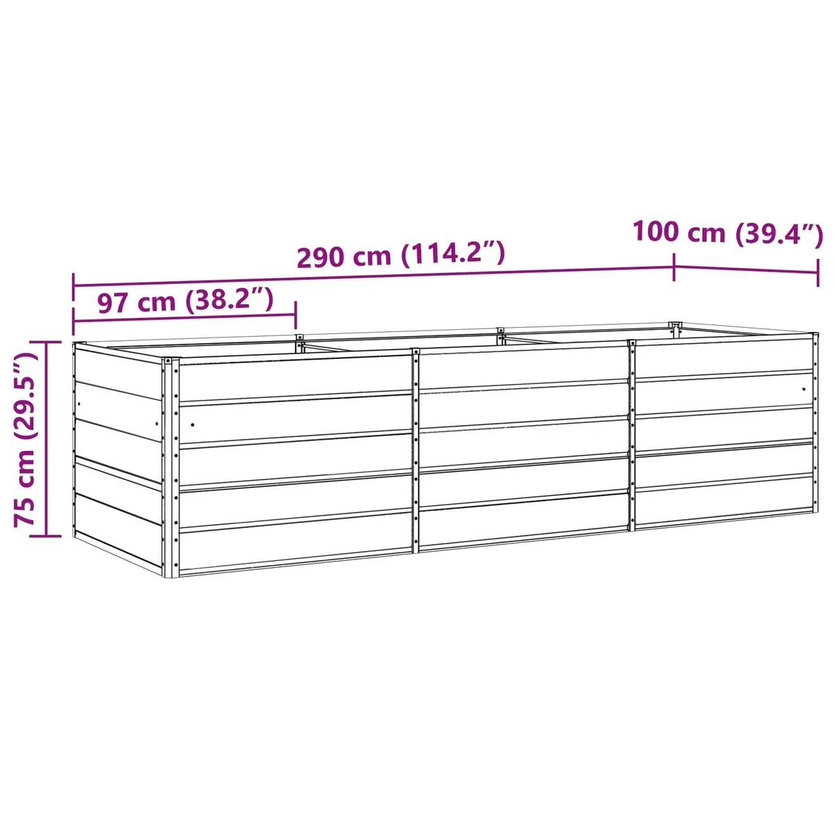 Steel Planter Galvanised 290 x 100 x 75 cm Light Grey