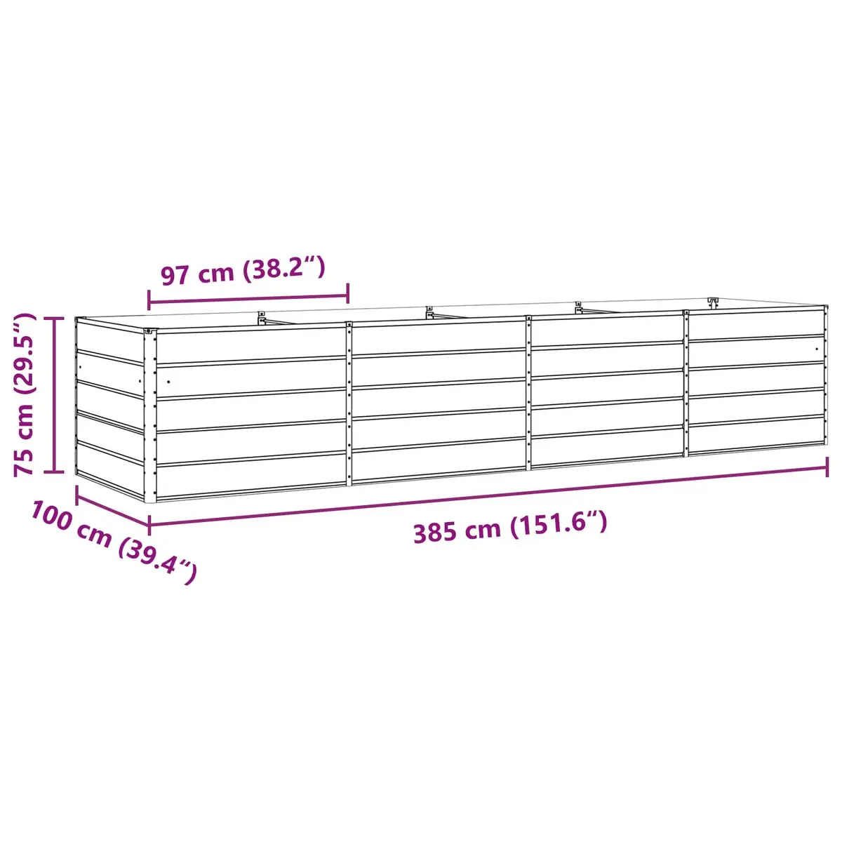 Anthracite Steel Garden Planter 385 x 100 x 75 cm