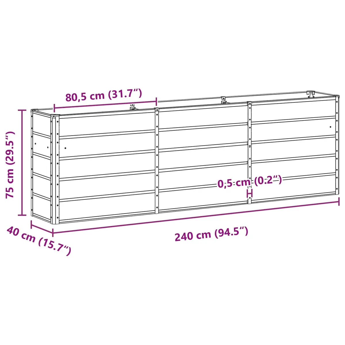 Steel Planter Green 240 x 40 x 75 cm