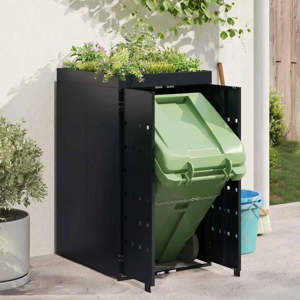 Wheelie Bin Storage Powder-coated Steel Single 240L Black Outdoor Garden Waste with Planter Roof