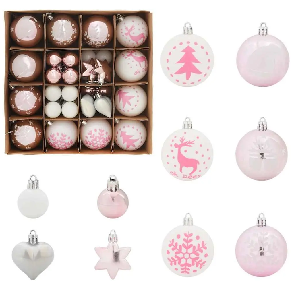 40-Piece Christmas Bauble Ornament Set in White and Pink
