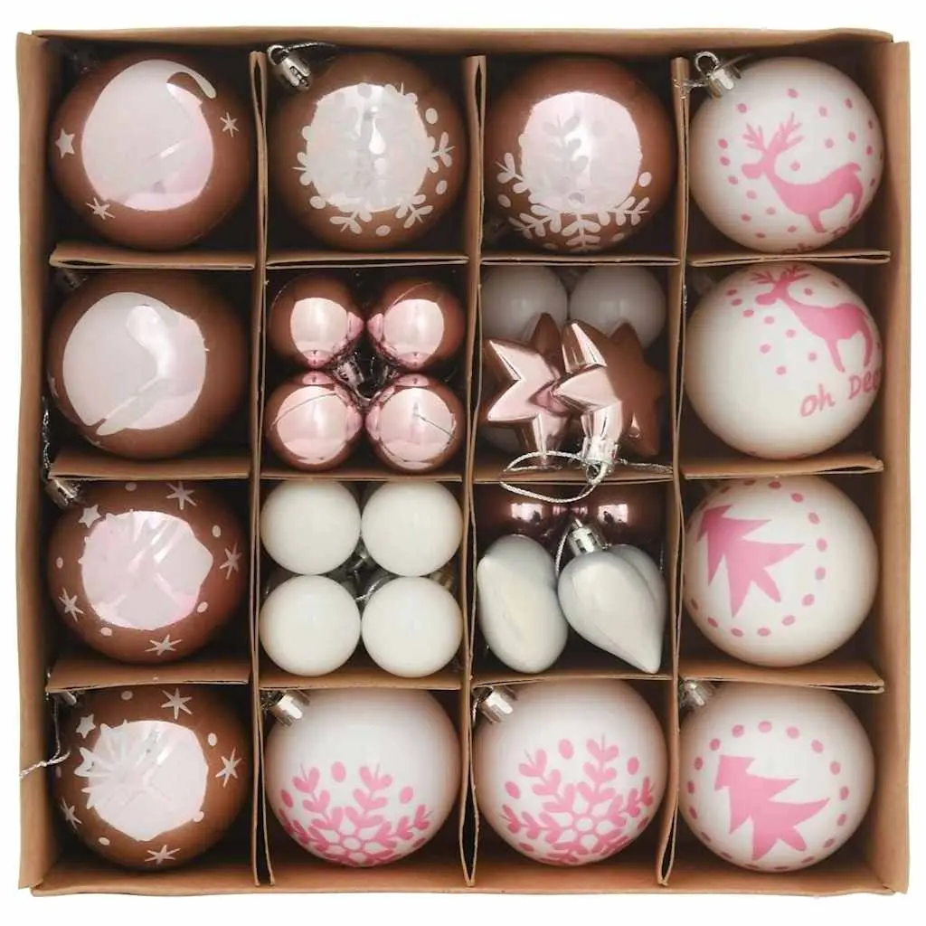 40-Piece Christmas Bauble Ornament Set in White and Pink