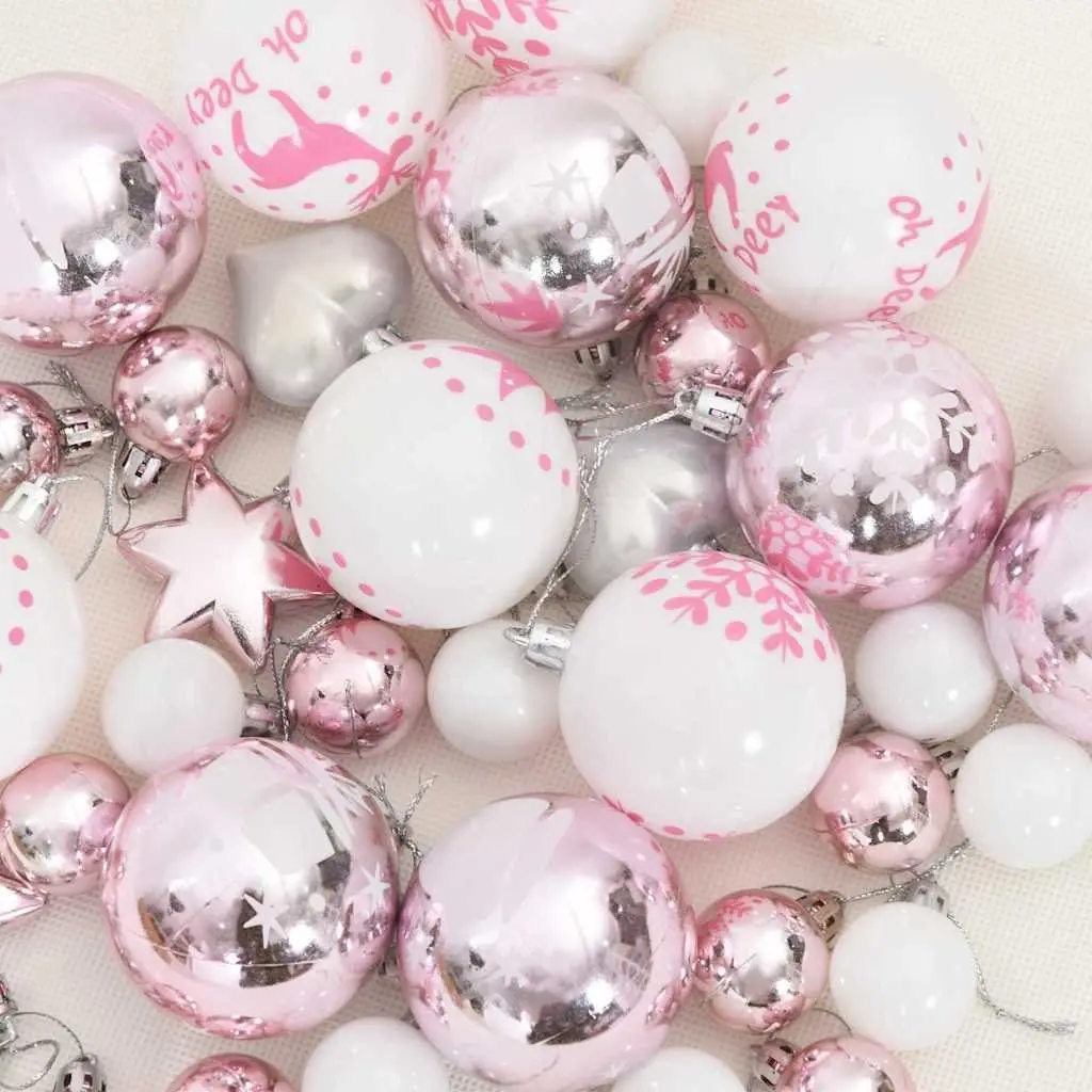 40-Piece Christmas Bauble Ornament Set in White and Pink
