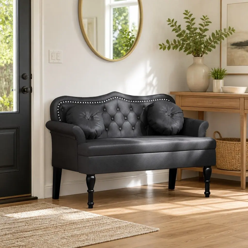 Chesterfield Bench in Black Faux Leather
