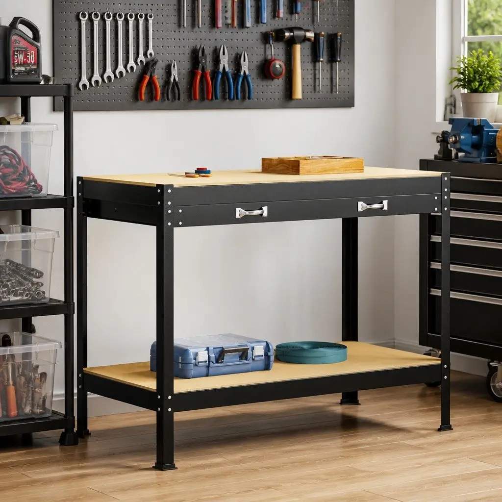Black Workbench with Pegboard and Drawer 114 x 54 x 91 cm