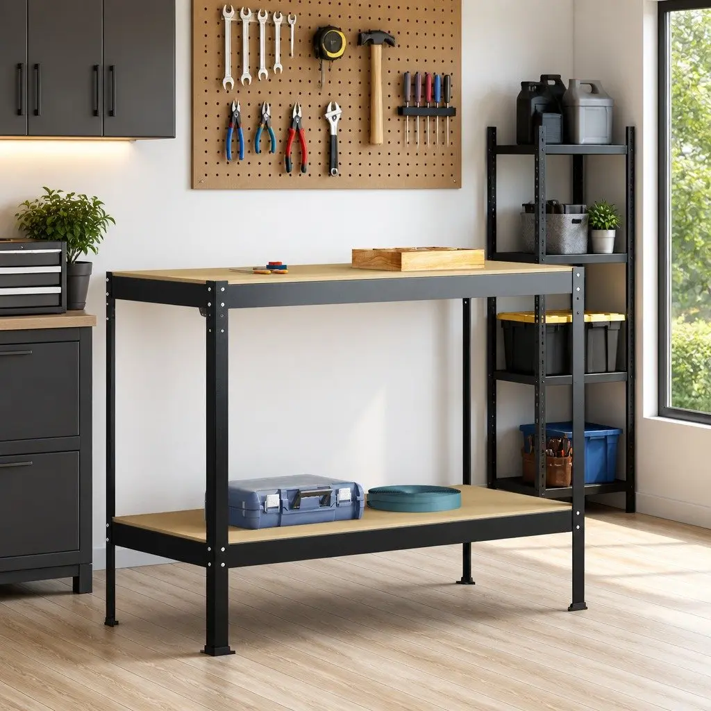 Black Workbench 115 x 55 x 91 cm with Pegboard