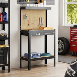 Durable Black Workbench 81 x 41 x 145 cm with Pegboard
