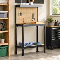 Heavy-Duty Black Workbench with Pegboard and Drawer