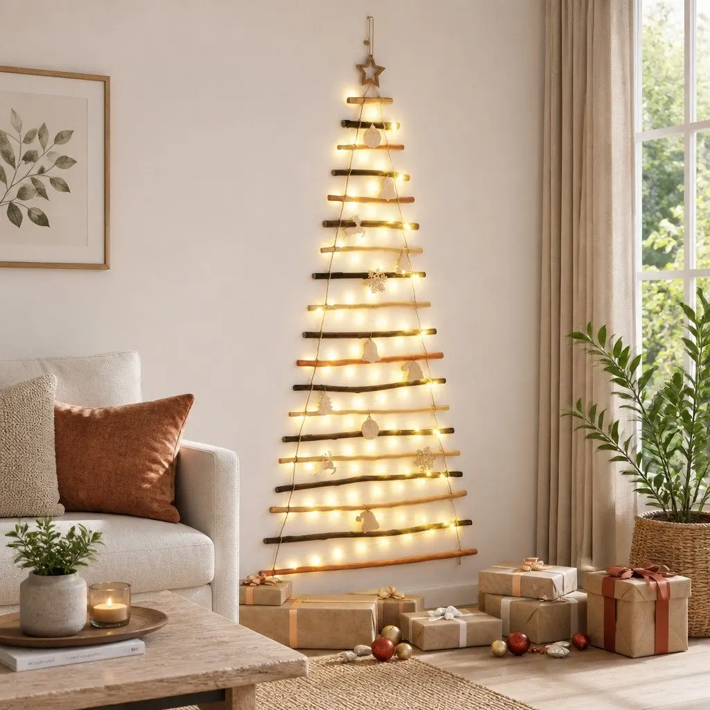 Hanging Christmas Tree Solid Ash Wood 180cm Brown 100 Warm LED Lights USB Powered Indoor