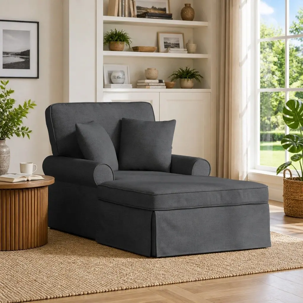 Grey Fabric Chaise Lounge with Skirt
