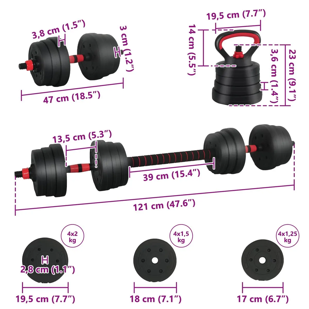 Adjustable Dumbbell Barbell Kettlebell Weight Set PVC Iron Sand 20kg Black