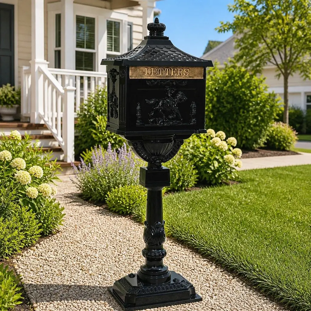 Black Vintage Standing Mailbox for Outdoor Use