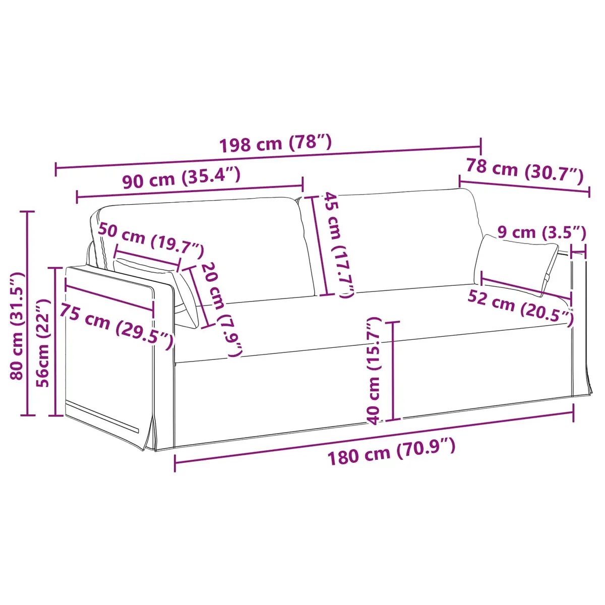 Modular Fabric Sofa Black 198 x 78 x 80 cm