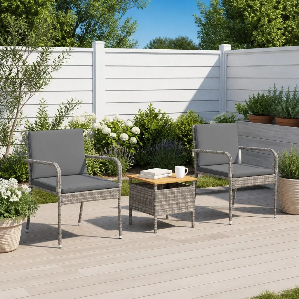 Garden Bistro Set Poly Rattan Powder-Coated Steel 3 Piece Grey Outdoor Furniture with Cushions