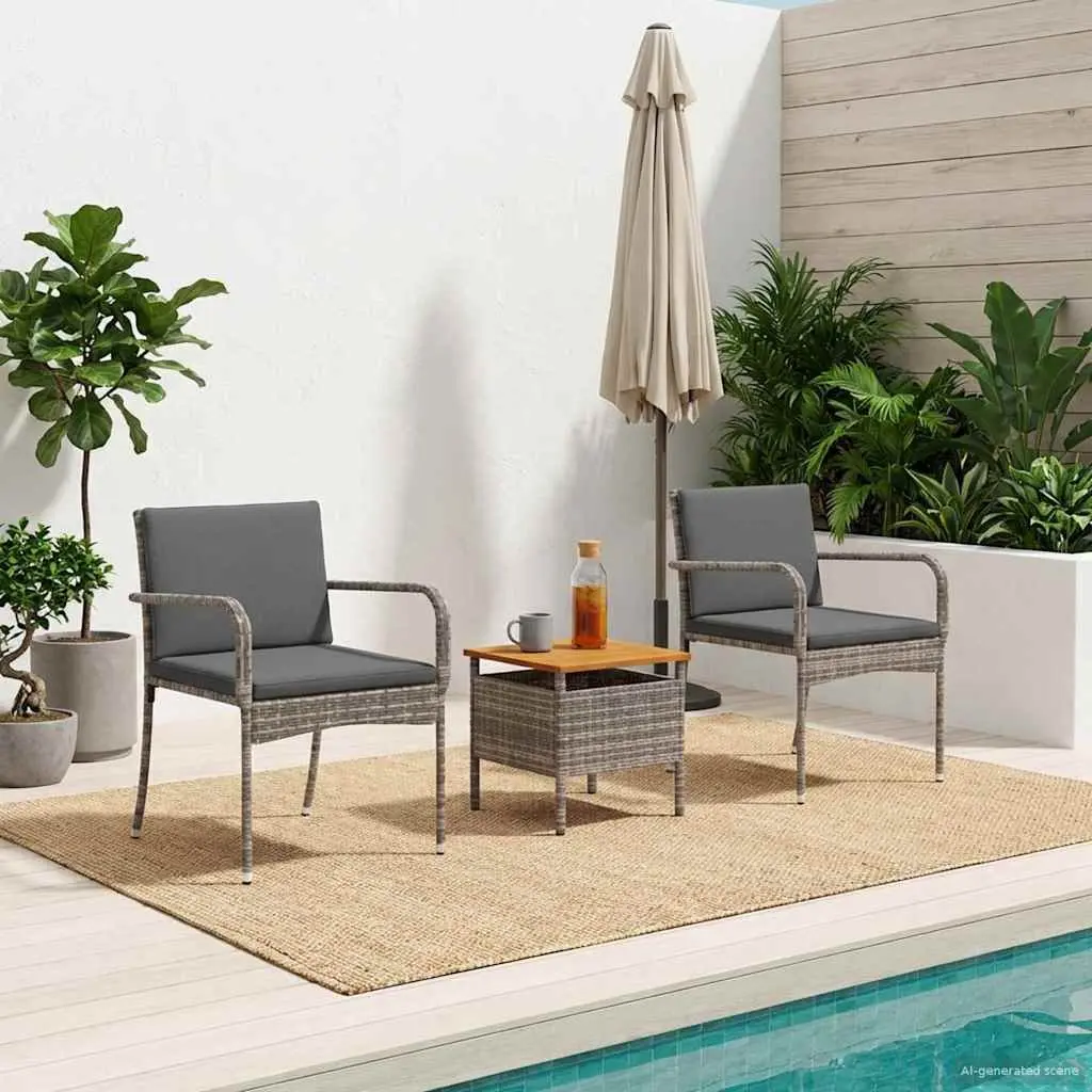 Garden Bistro Set Poly Rattan Powder-Coated Steel 3 Piece Grey Outdoor Furniture with Cushions