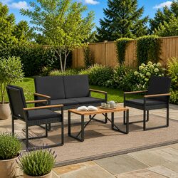 Durable 4-Piece Black Poly Rattan Outdoor Furniture Set