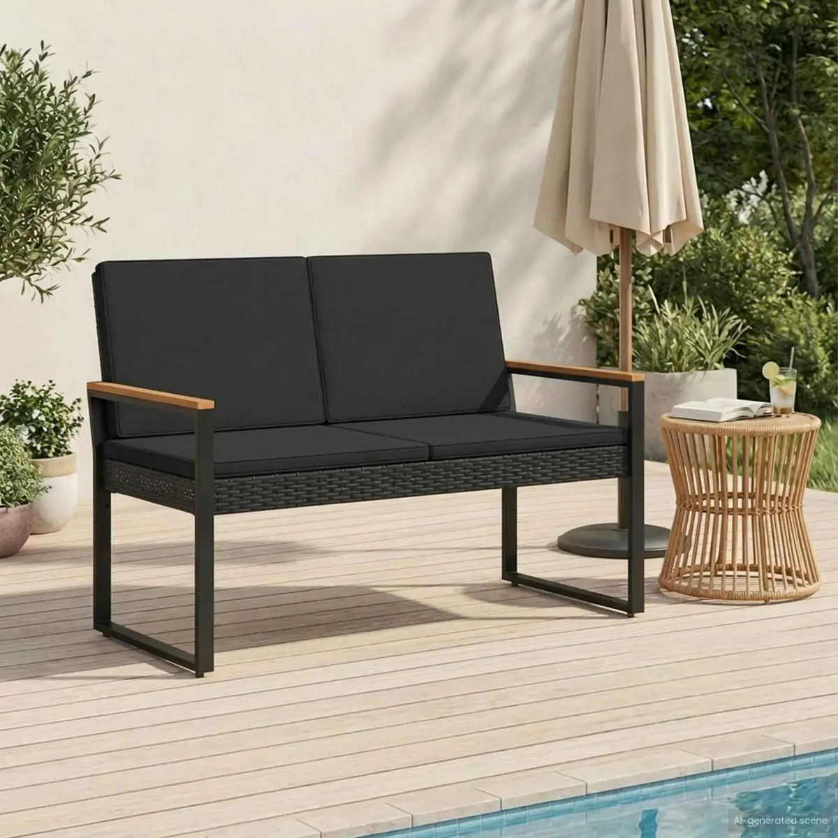 Outdoor Bench Poly Rattan Steel Frame Black 107 x 61 x 80 cm